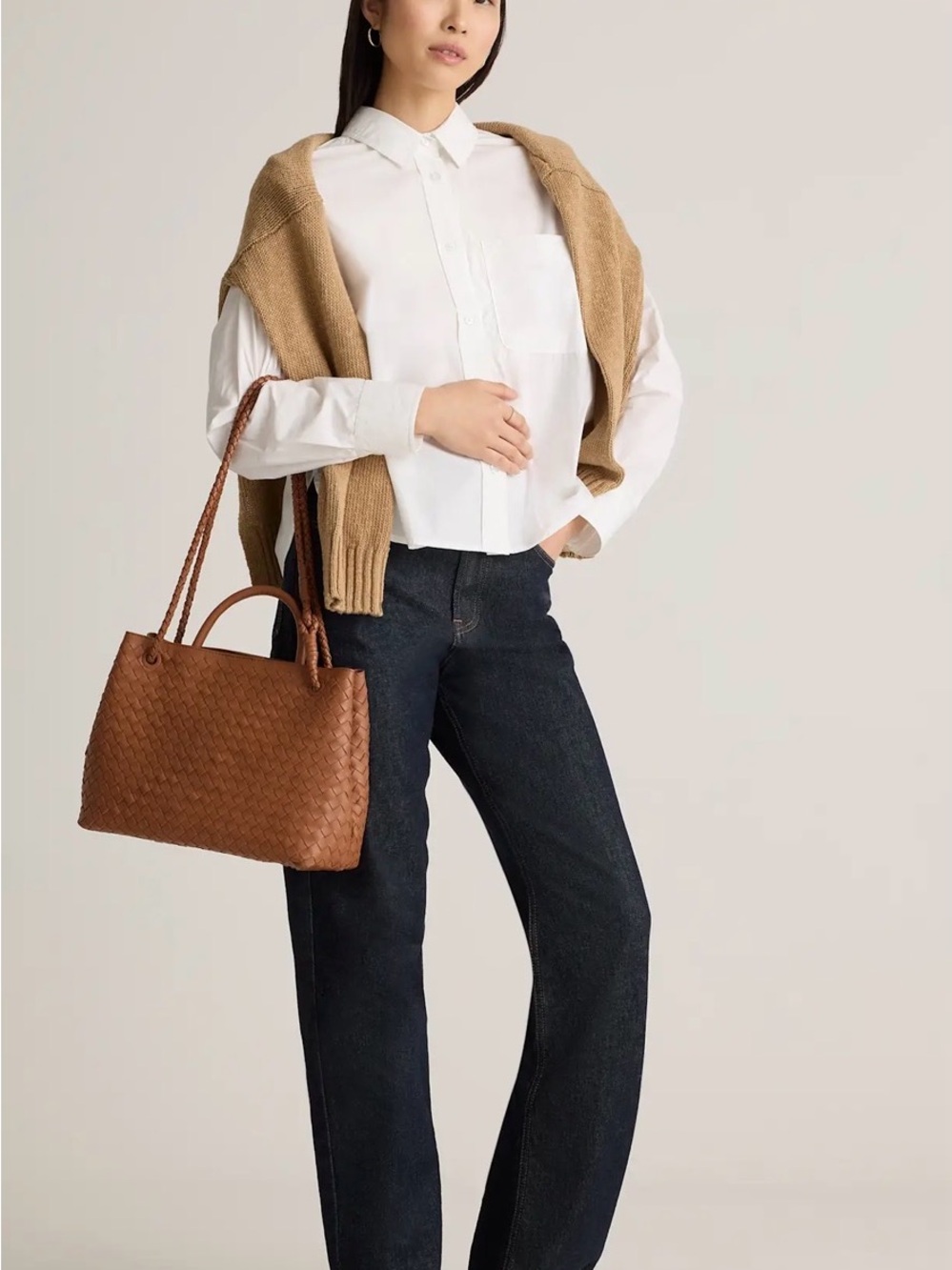 Quince Woven Leather Tote - Cognac Brown - Picture 3 of 13